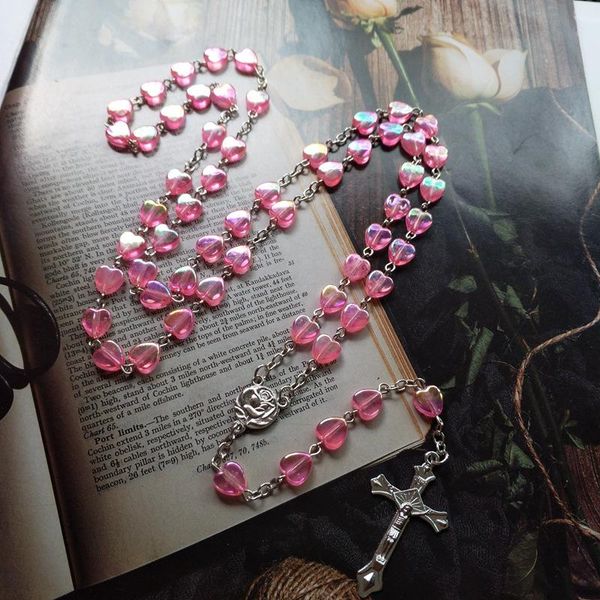 

pendant necklaces pink heart prayer beads chain rosary necklace catholic crucifix cross chaplet religious church communion baptism gifts, Silver