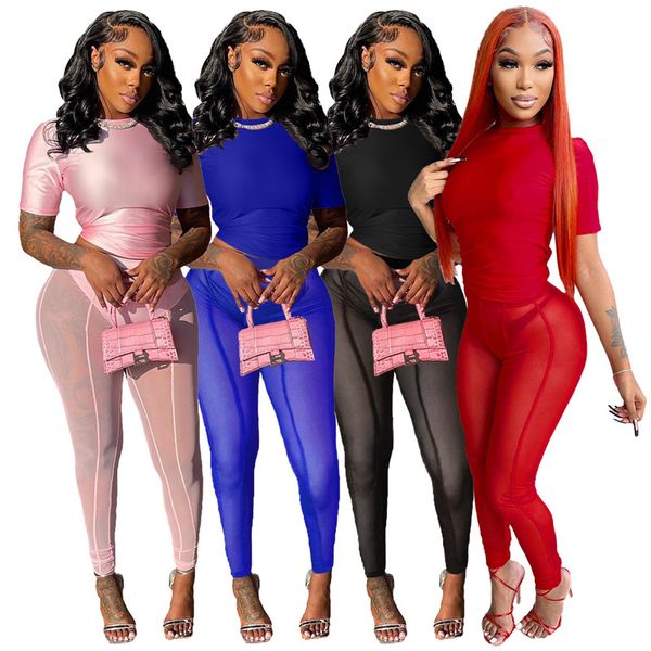 

wholesale mesh solid tracksuits for women t-shirt leggings short sleeve 2 piece sets sportswear clothes bulk 7136, Gray