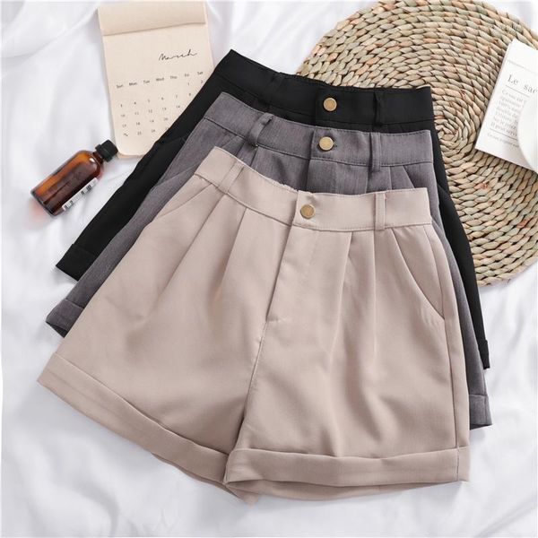 

women's shorts x 2021 summer button all-match solid color casual women fashion high waist ladies loose pockets, White;black