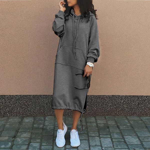 

celmia winter women fleece hoodies long dress 2021 long sleeve winter casual sweatshirt dresses loose pockets midi vestidos robe x0521, Black;gray