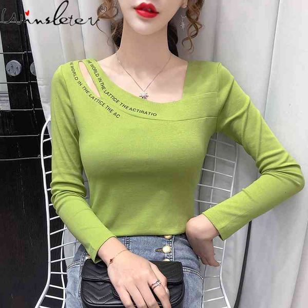 

women's t-shirt spring fall european clothes women skew collar hollow out letter ropa mujer all match cotton tees t0n220, White