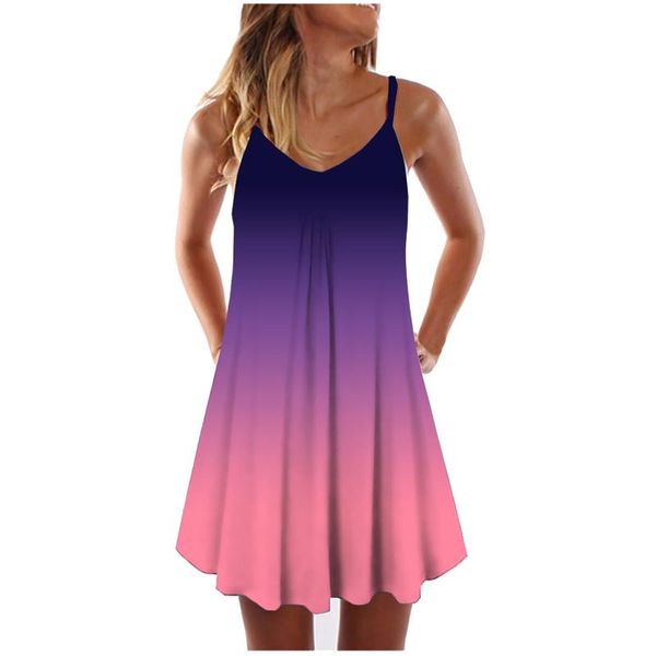 

casual dresses gradient tie-dye print dress pleated sleeveless v neck sukienka a-line maxi mini sundress above knee loose robe, Black;gray