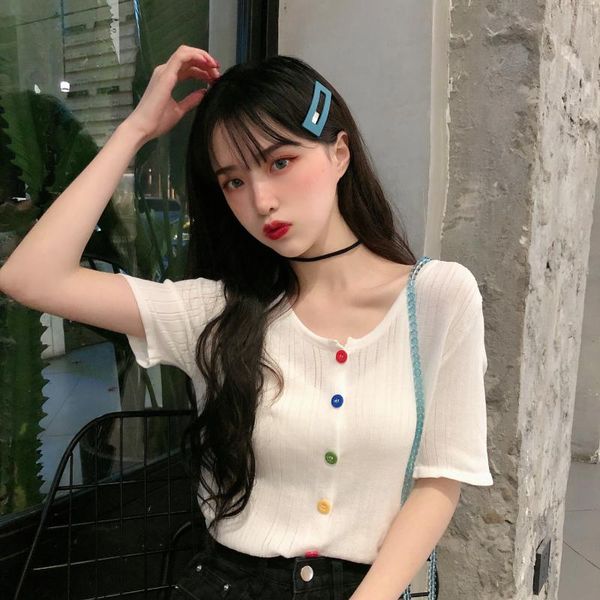 

women's t-shirt summer short v-neck knitted color button short-sleeved women, White