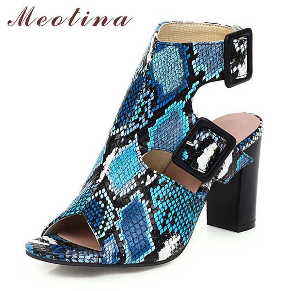 

meotina summer sandals women shoes snake print thick high heels gladiator shoes buckle peep toe sandals female plus size 34-43 210608, Black