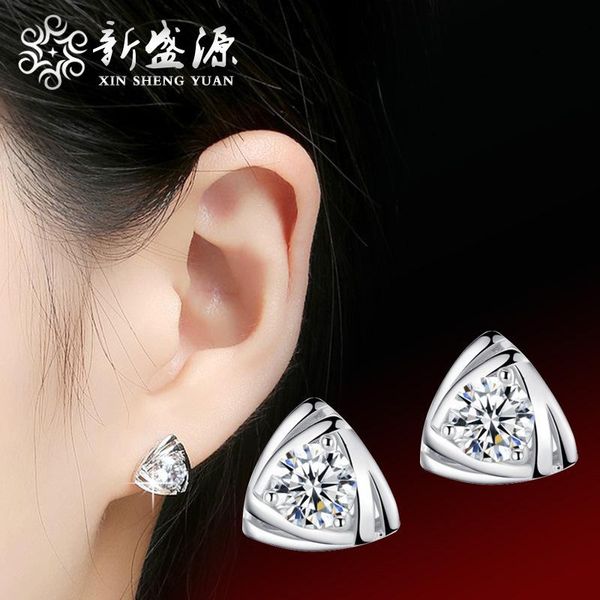 

stud 925 silver triangle ear jewelry korean fashion zircon heart love anti-allergy earrings women with box, Golden;silver