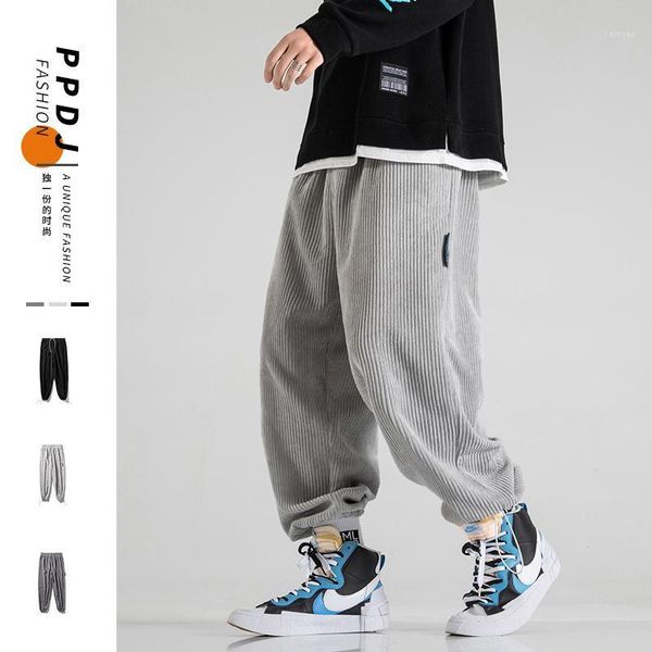 

men's pants man casual tie leg straight corduroy solid color oversize trousers warm korean streetwear mens wide, Black