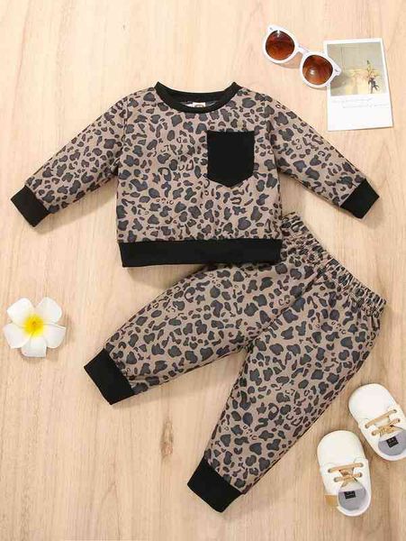 

baby leopard print contrast trim sweatshirt & sweatpants she, White