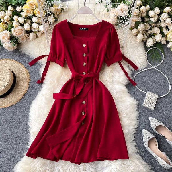 

women square neck short sleeve fashion single breasted bandage slim dress elegant ladies summer korean high waist 210602, Black;gray