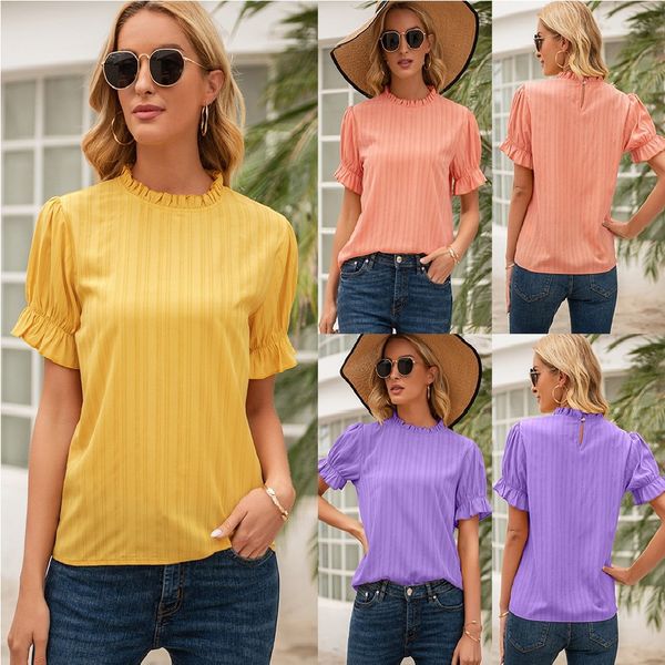 

women's clothing 2021 spring and summer new temperament commuter bubble sleeve casual round neck shirt women's top, White