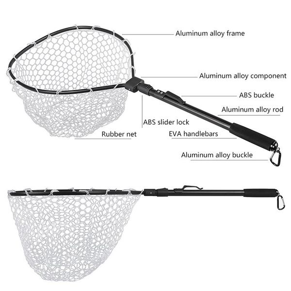 

fishing accessories selling net fish landing foldable collapsible pole handle durable rubber material mesh