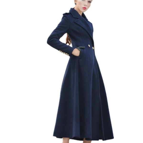 

women's wool & blends vintage winter coat fashion women lady elegant lapel overcoat warm x-long slim, Black