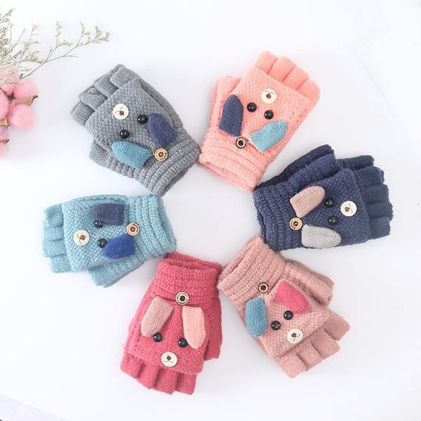 

five fingers gloves warm mittens 1 pairs lovely animal soft thicken imitation cashmere cartoon knitted kids half-finger, Blue;gray