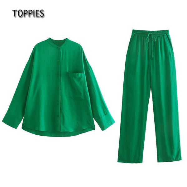 Toppies повседневная зеленая двух частей набор женщина негабаритные блузки топы и высокие талии брюки домой трексуит 210930