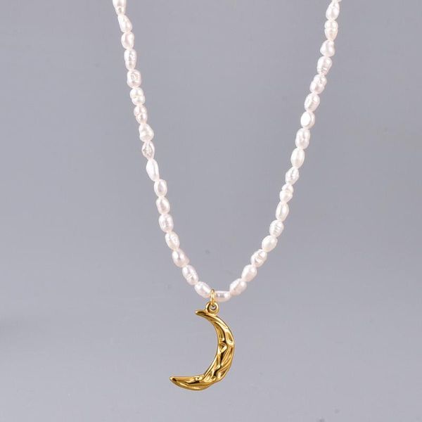 

pendant necklaces fashion stainless moon natural pearls necklace for women party charms clavicle chain jewelry choker handmade metal, Silver