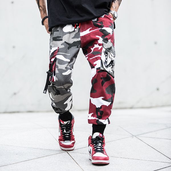 

2021 new camouflage splice joggers men camo streetwear mens cargo pants hip hop trousers multi-pocket cotton military overalls male n3jk w29, Black