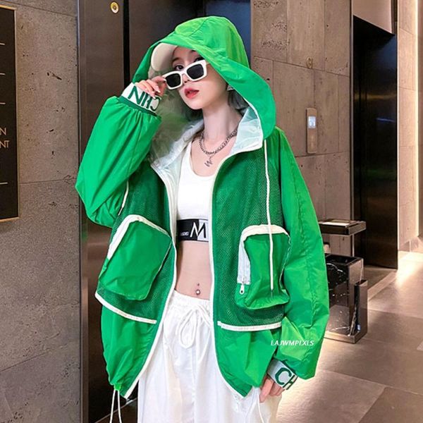 

women's jackets casual sun protection coat 2021 summer double pockets hooded jacket chic hit colors loose women, Black;brown