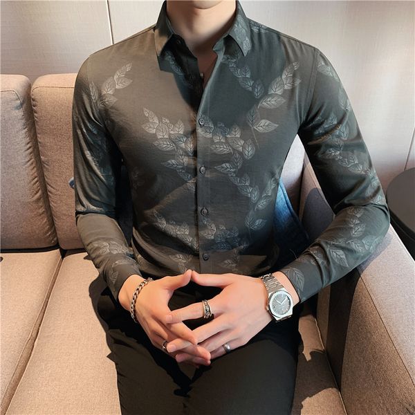 

high-quality black/green men's floral shirts long simple sleeve the whole formal business game wear fine-tuning office chemise homme 4x, White;black