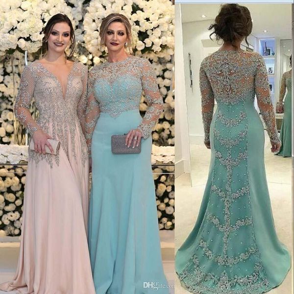 2021 vestidos de noite desgaste sexy jóia pescoço mangas compridas bainha céu azul prata renda apliques de cristal grânulos formal vestido de festa vestido