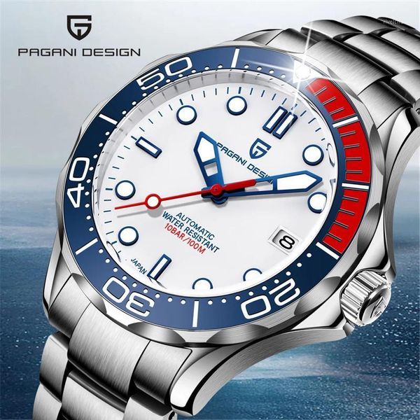 

wristwatches pagani design japan nh35 men automatic watches 007 commander sport wristwatch mechanical watch +box, Slivery;brown
