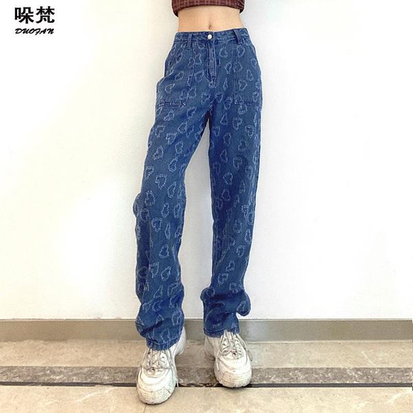 

women's jeans duofan vintage streetwear y2k blue for woman's high waisted wide leg fashion harajuku heart pattern denim trousers