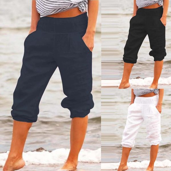 

summer chiffon short loose womens pants black white wide legged trousers knee length elastic waist women fashion capris