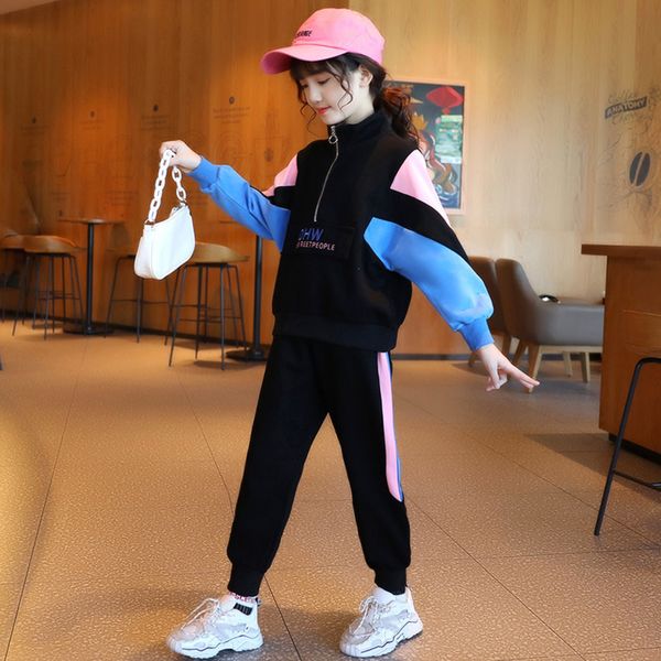 

patchwork pattern thin 2 pcs children's clothing set big girl 2021 new spring fall long sleeves + pants plus size tracksuit, White