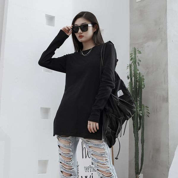 

women's t-shirt with round neck, long sleeve, medium length, side zipper, dark, yamamoto street t-shirt, versatile split, White