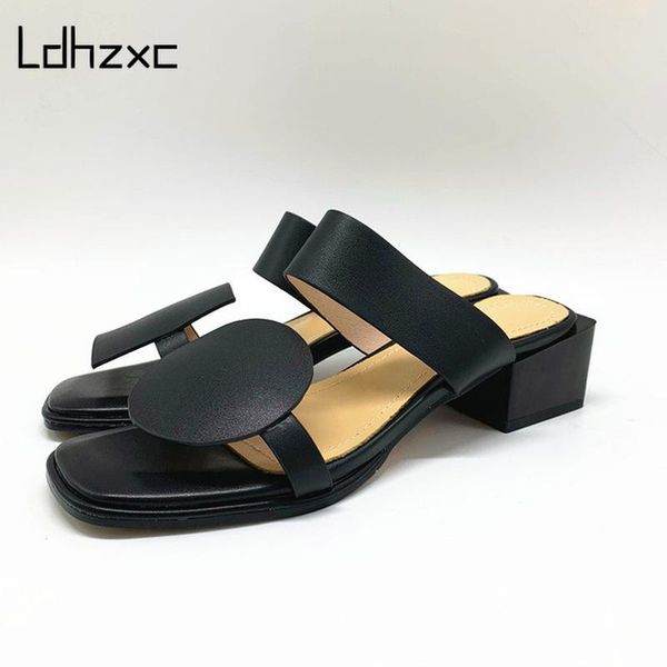 

sandals 2021 women brand slippers summer slides open toe square high heel casual shoes leisure sandal female beach flip flops size 43 44, Black