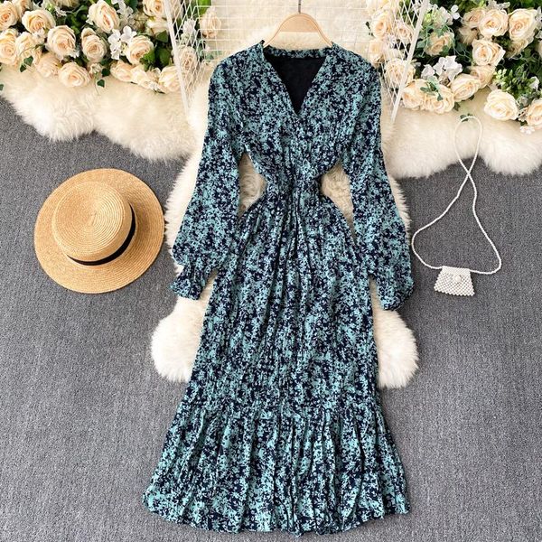 

casual dresses 2021 french dress women's autumn winter fashion temperament puff sleeve mid-length floral for women uk711, Black;gray