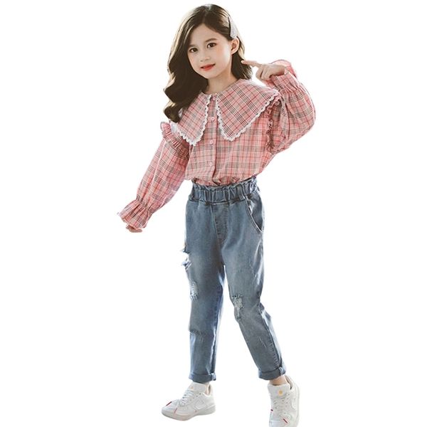 Adolescentes Roupas Girls Set Manta Padrão Traseiras para Blusa + Calças de Jeans Furos Furos 210527