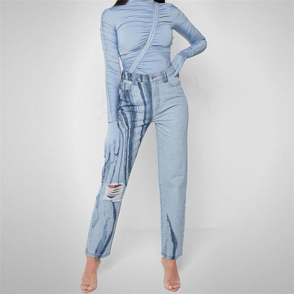 

women's jeans 2021 summer high waist bag hip casual straight leg pants fashion white slim wholesale, Blue