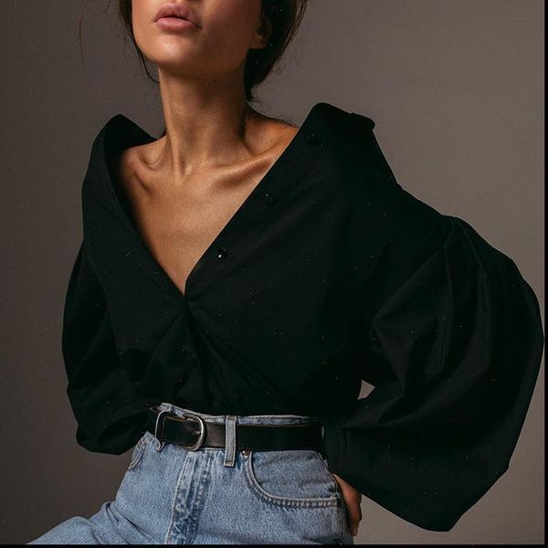 

womens blouses fashion loose casual lapel long sleeve blouse tee shirt ladies plain, White