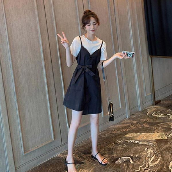 

two piece set women white + dress spagetti strap suit summer short sleeve tshirt + button bow belt dresses outfits, Gray
