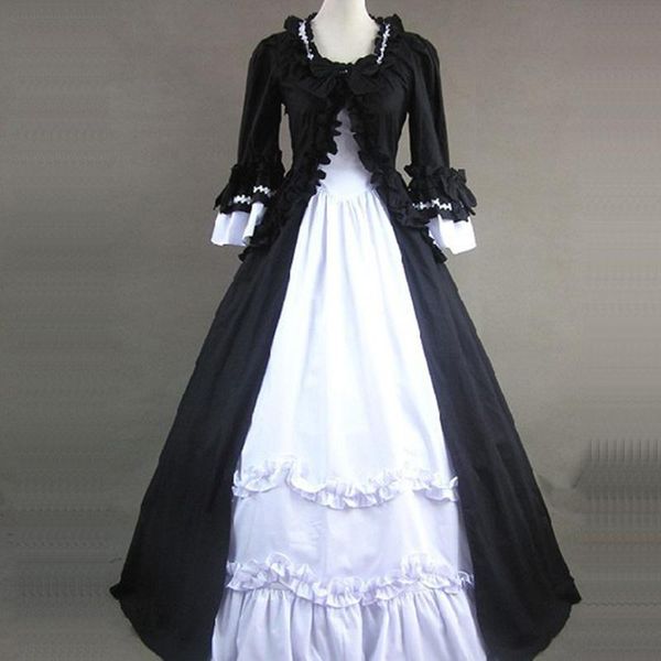 

casual dresses customized black and white cotton gothic victorian classic square collar long flare sleeve cosplay ball gowns for women, Black;gray