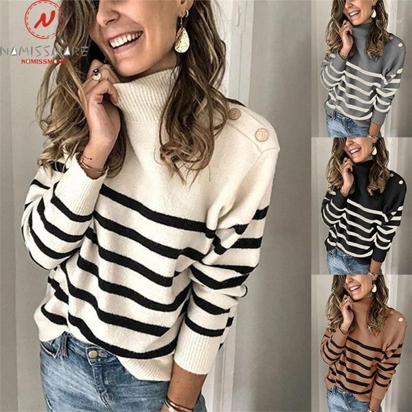 

fashion women winter sweaters patchwork design button decor high collar long sleeve striped print casual loose knitted women's, White;black