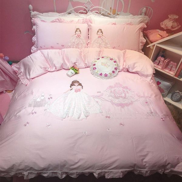 

bedding sets pink cartoon princess embrodiery egyptian cotton lace girl set duvet cover bed linen sheet gift pillowcase child for