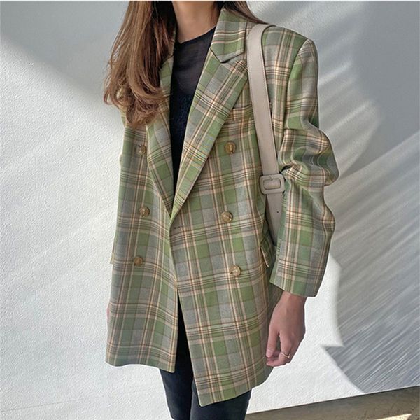 

2021 new autumn winter women's blazers oversize plaid casual buttons pockets jackets notched vintage wild jk6100 wo64, White;black