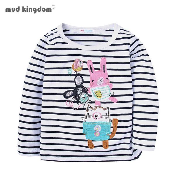 Mudkingdom T-shirt per ragazze a maniche lunghe con motivo animale carino a righe Top Abbigliamento per bambini 210615