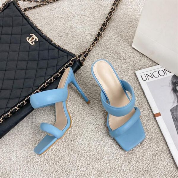 

pu leather slip on shoes for women stiletto high heels summer slippers fashion square toe sandals size 42, Black