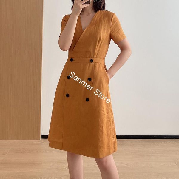 

2021 new roupa feminina linho duplo-breasted com decote em v manga curta roupas femininas vestido senhora de escritrio novo 9vp7, Black;gray