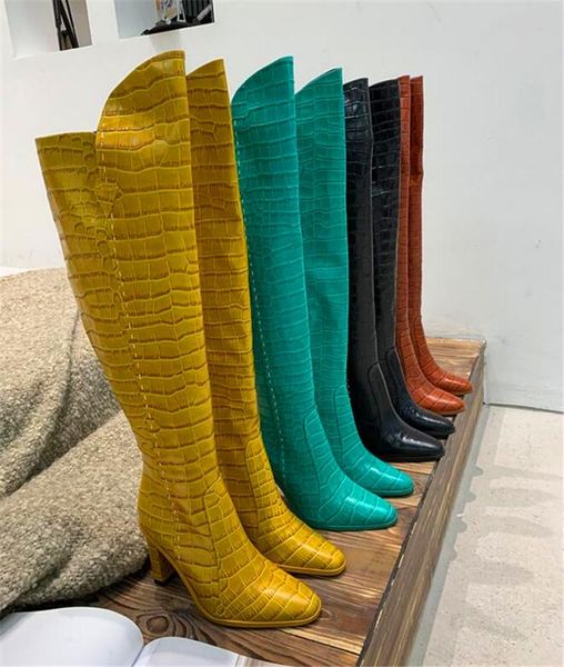 

boots fashion leather black white cyan yellow brown thick heel round toe