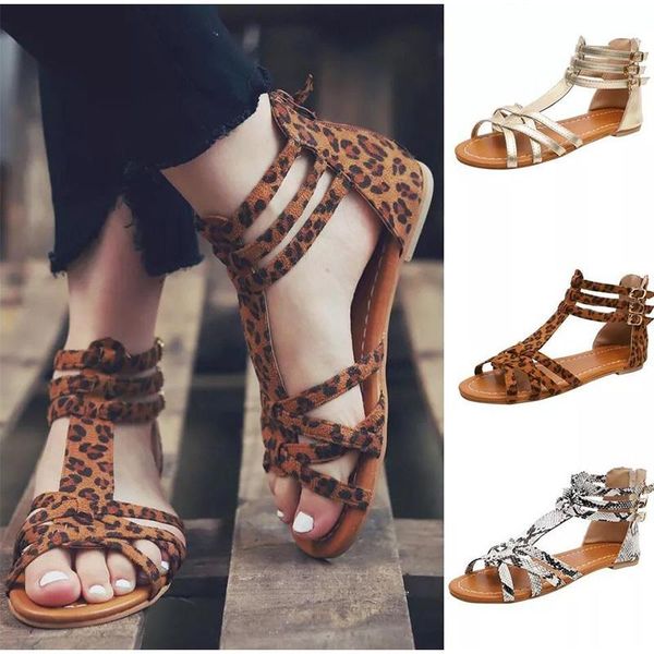

sandals women's summer gladiator leopard print ankle wrap flat ladies shoes female back zipper footwear plus size, Black