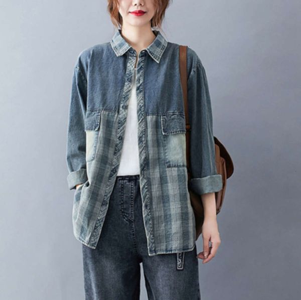 

20212020 autumn new plaid color matching large denim loose casual single breasted top, Black;brown
