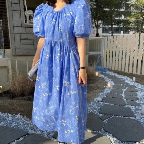 

summer casual femme o neck puff sleeve dres casual loose dresses 210531, Black;gray