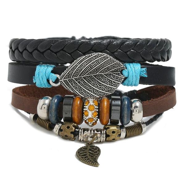 

charm bracelets bohemian ethnic multilayer wooden beads color braided rope bracelet leaf leather wrap holiday jewelry gift, Golden;silver