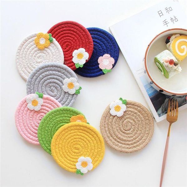 

mats & pads japanese style heat insulation pad ins small flower round placemat cotton thread woven pot bowl kithen table decor