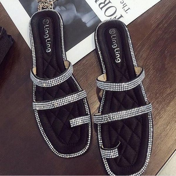 

coolsa new womens fashion rhinestone toe slippers ladys sequins flat slippers comfortable flat shoes drop shipping e4as#, Black
