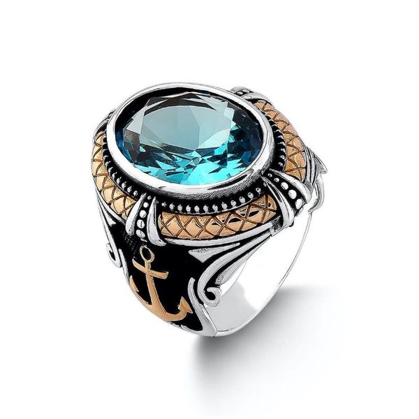 

cluster rings silver anchor figure men ring, blue aquamarine gemstone handmade sailor jewelery, solid 925 sterling accessory, Golden;silver