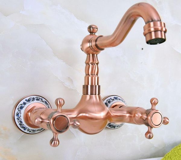 

bathroom sink faucets red copper antique two hole cross handle kitchen basin faucet cold mixer tap swivel spout 360' dnf941