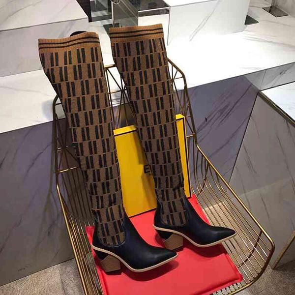 

2021 new fashion women's 22 inch knitted socks boots 9.5cm female thigh high high elastic boots pointed toe short heel, Black